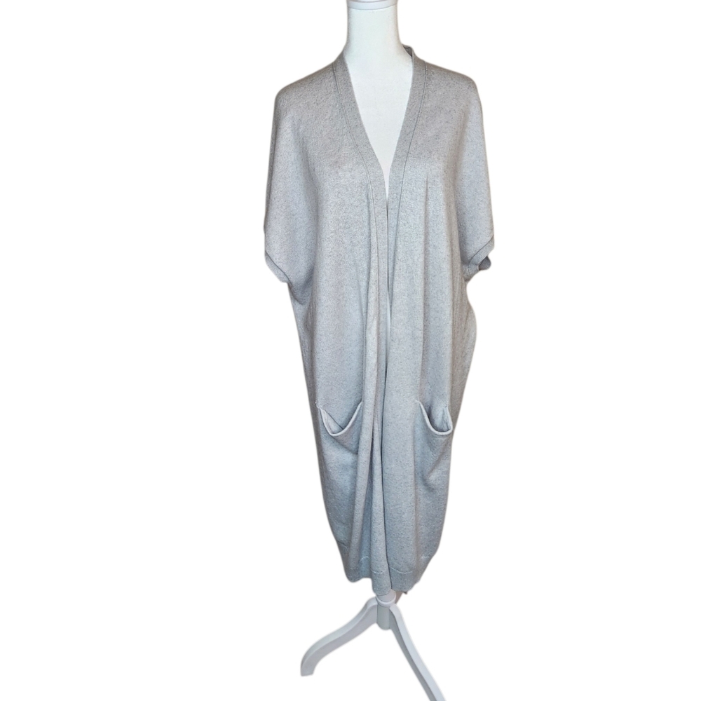 Lafayette 148 Cotton Cashmere Blend Short Sleeve Long Line Open Cardigan Gray L